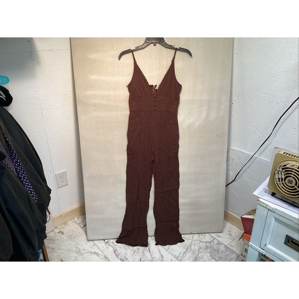 Francesca’s audrey parks jumpsuit sz S brown pockets adjustable straps - Picture 1 of 14